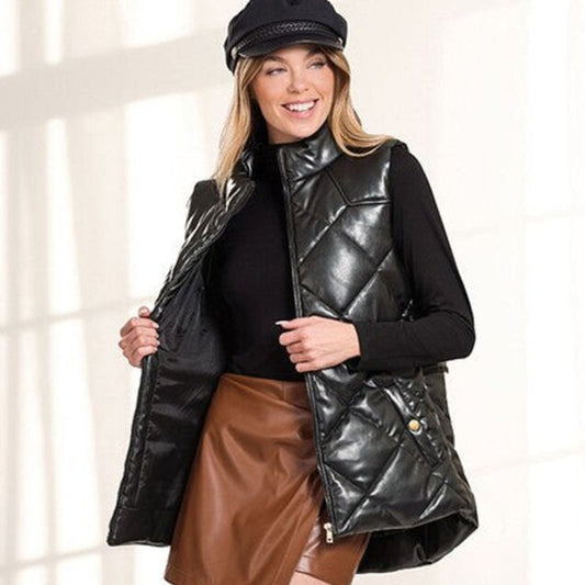 Women Black Leather Puffer Vest - Leather Loom