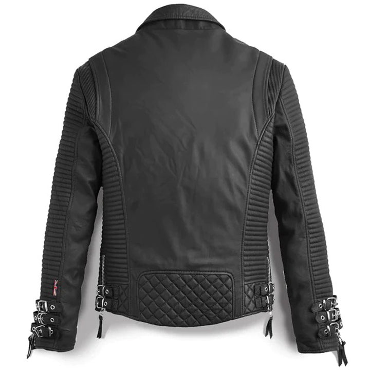 Mens Black Leather Biker Jacket with Pattern - Leather Loom