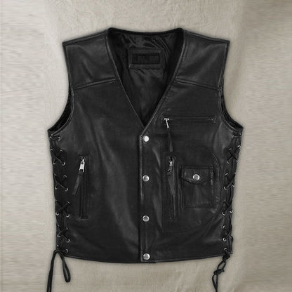 Mens Traditional Biker Black Leather Vest - Leather Loom