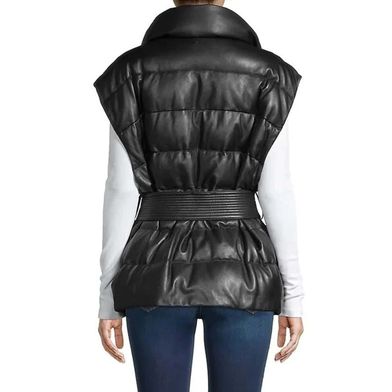 Womens Leather Puffer Vest in Black - Leather Loom