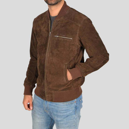 Mens Chocolate Brown Suede Leather Bomber Jacket - Leather Loom