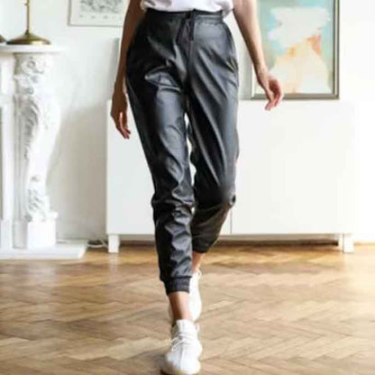 Women Black Leather Boyfriend Fit Pants - Leather Loom