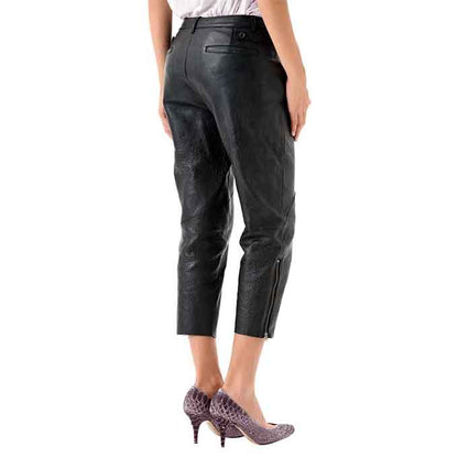 Women Black Leather Capri with Bottom Zipper - Leather Loom