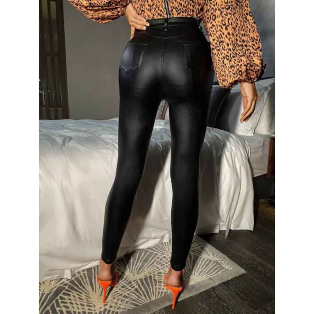 Women Black Leather High Waisted Skinny Pants - Leather Loom