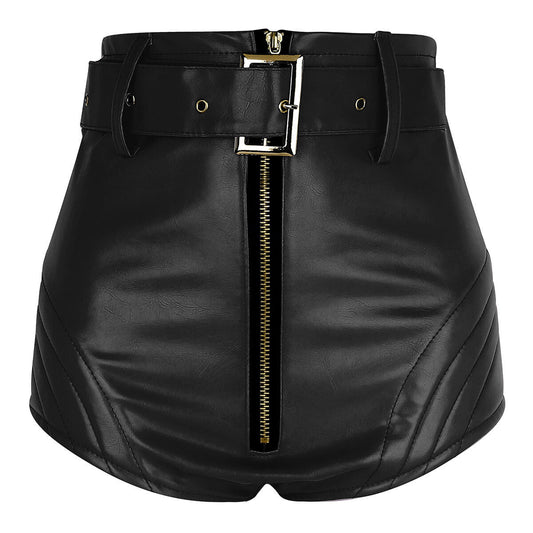 Women Black Leather Hot Shorts with Zipper - Leather Loom