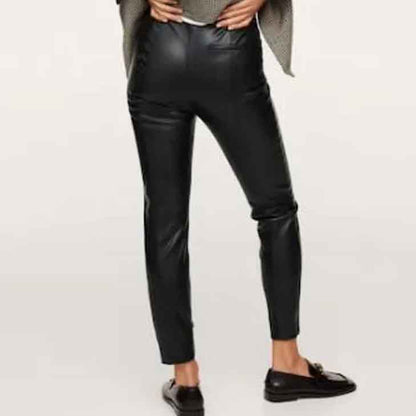 Women Black Leather Pants with Split Hem - Leather Loom