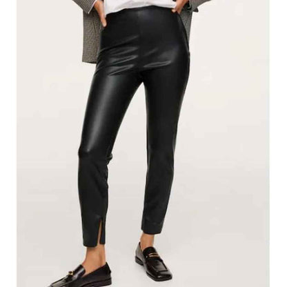 Women Black Leather Pants with Split Hem - Leather Loom