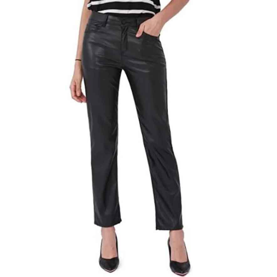 Women Black Leather Straight Pants - Leather Loom