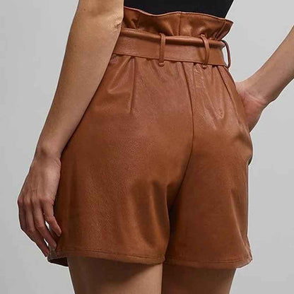 Women High Waist Brown Leather Shorts with Removable Tie Belt - Leather Loom