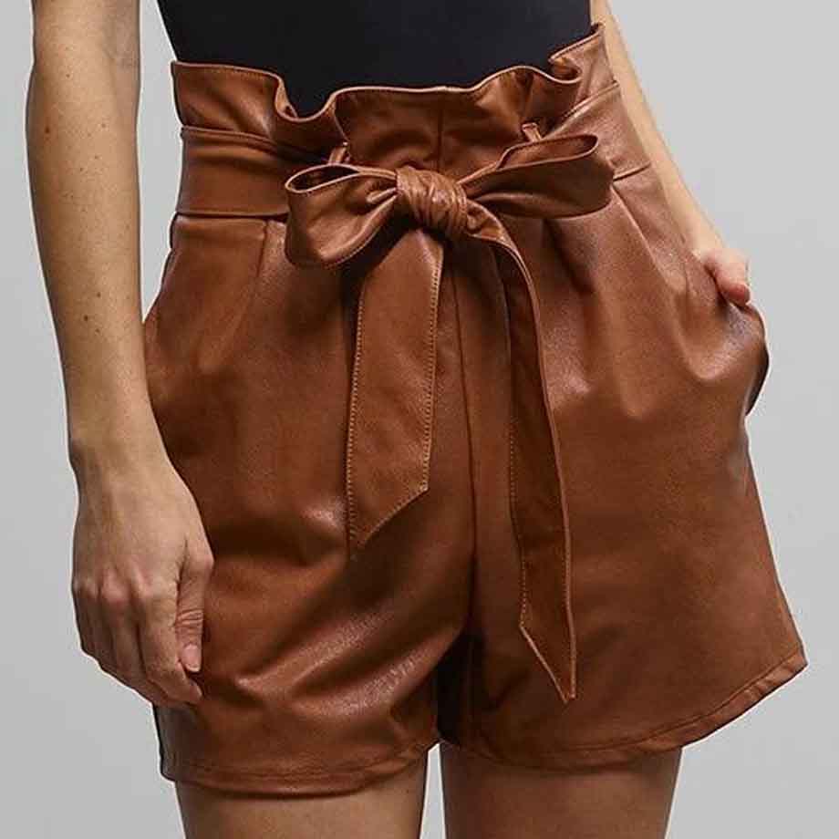 Women High Waist Brown Leather Shorts with Removable Tie Belt - Leather Loom