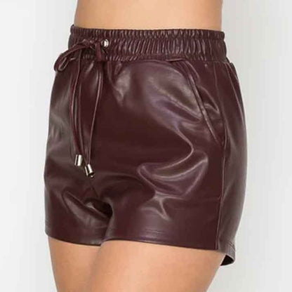 Women Burgundy High Rise Waist Leather Shorts - Leather Loom