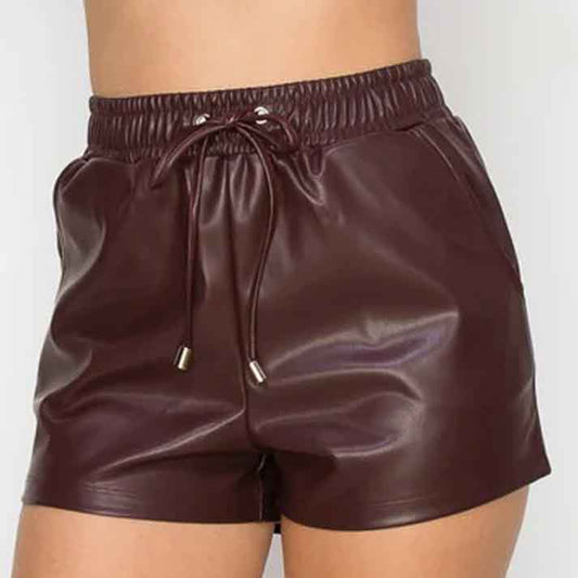Women Burgundy High Rise Waist Leather Shorts - Leather Loom