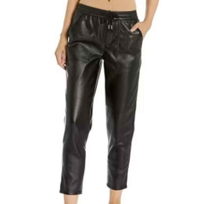 Women Drawstring Black Leather Jogger Pants - Leather Loom