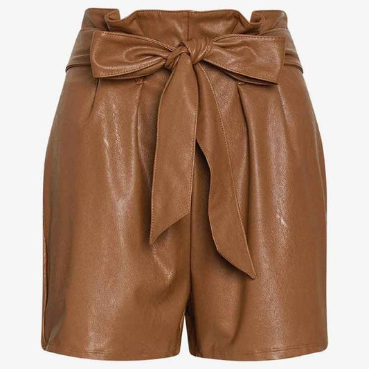 Women High Waist Brown Leather Shorts with Removable Tie Belt - Leather Loom