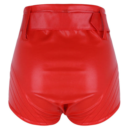 Women High Waist Red Leather Shorts with Belt - Leather Loom