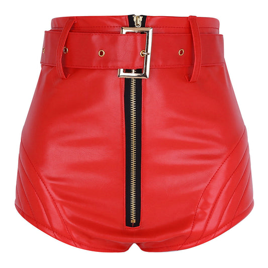 Women High Waist Red Leather Shorts with Belt - Leather Loom