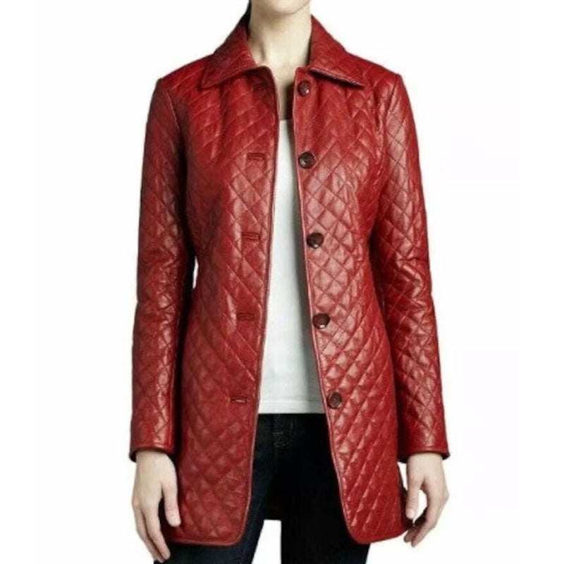 Women Red Leather Midi Trench Coat - Leather Loom