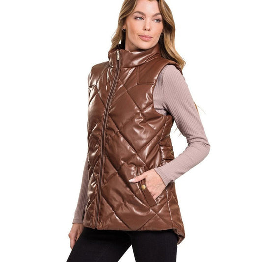 Women Chocolate Leather Puffer Vest - Leather Loom