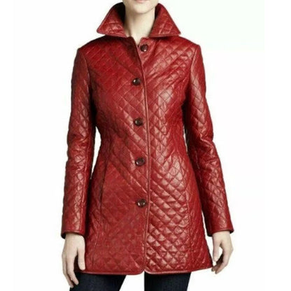 Women Red Leather Midi Trench Coat - Leather Loom