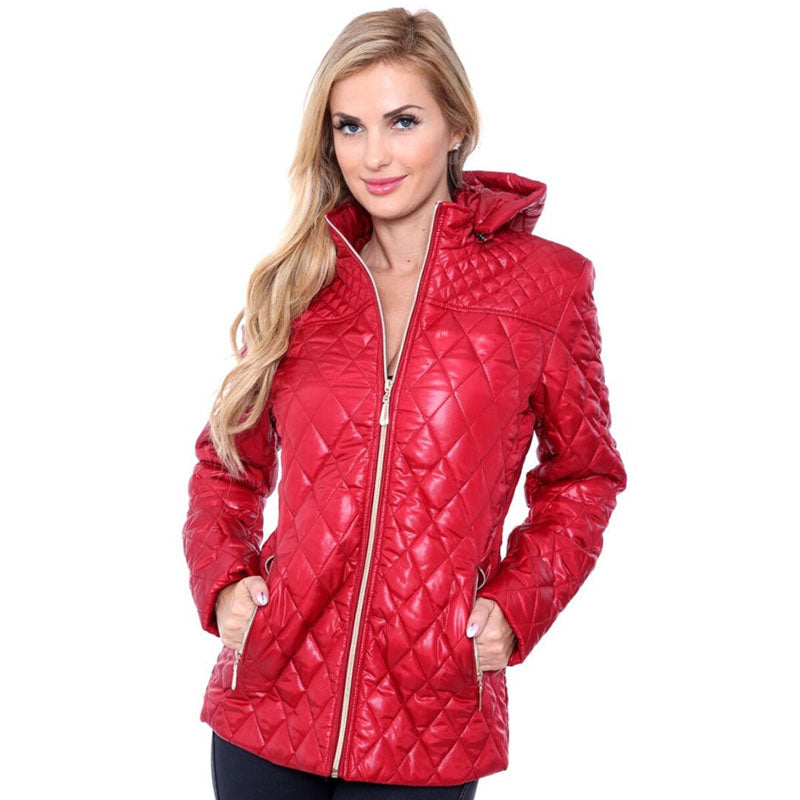Women Red Leather Puffer Jacket with Curvy Hood - Leather Loom