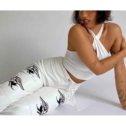 Women White Leather Streetwear Goth Pants - Leather Loom