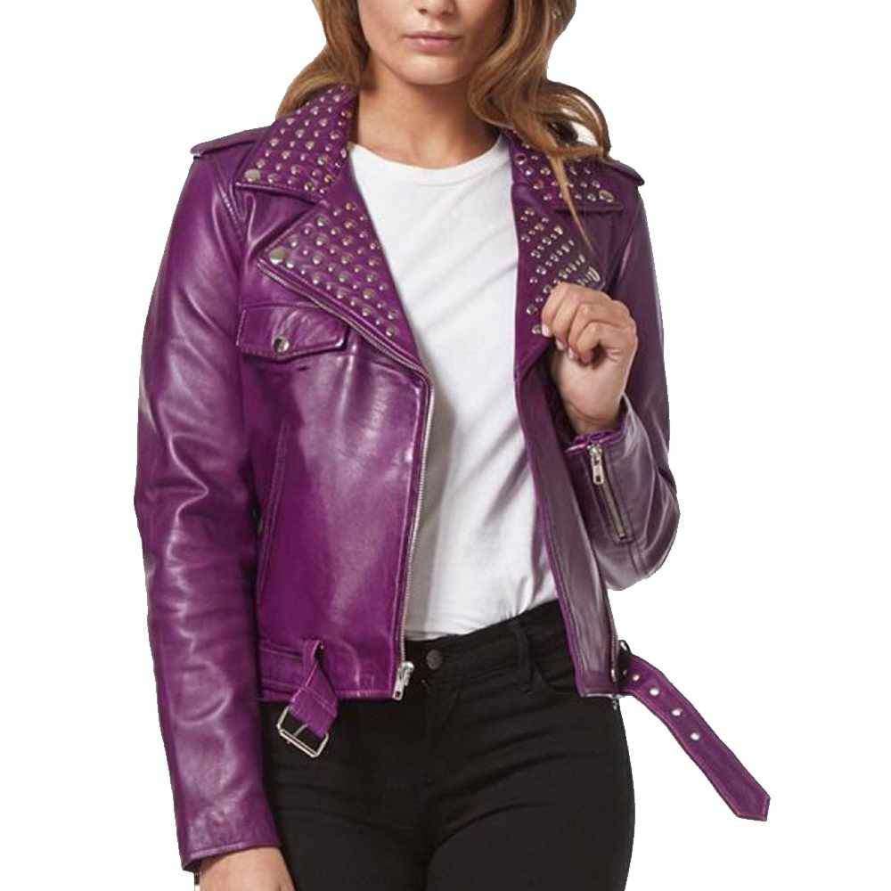 Women Purple Leather Studded Jacket