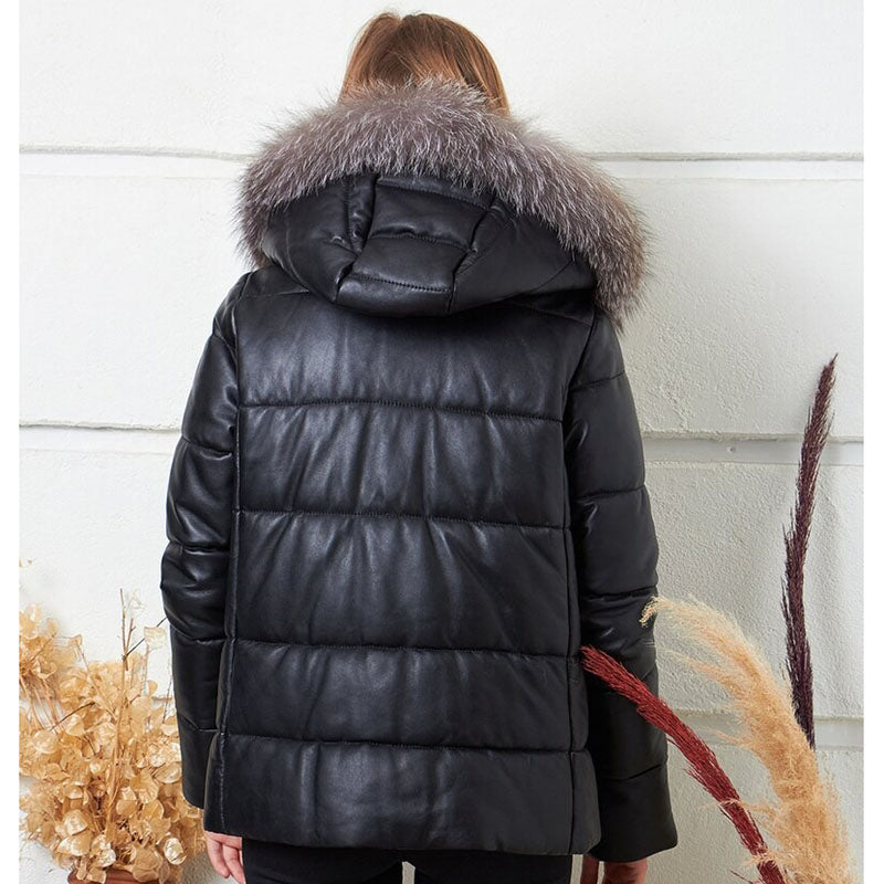 Womens Black Puffer Coat With Fur Hooded - Leather Loom