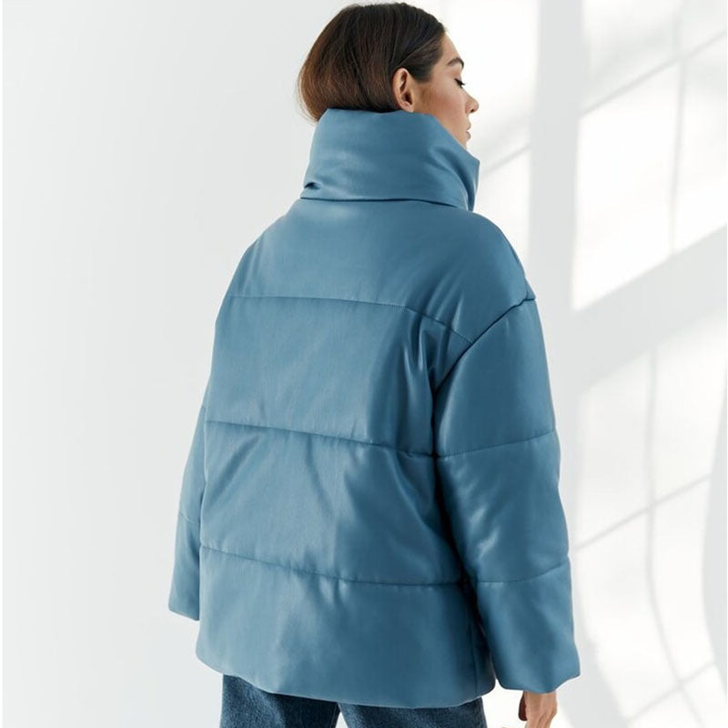 Blue Leather Puffer Jacket for Women - Leather Loom