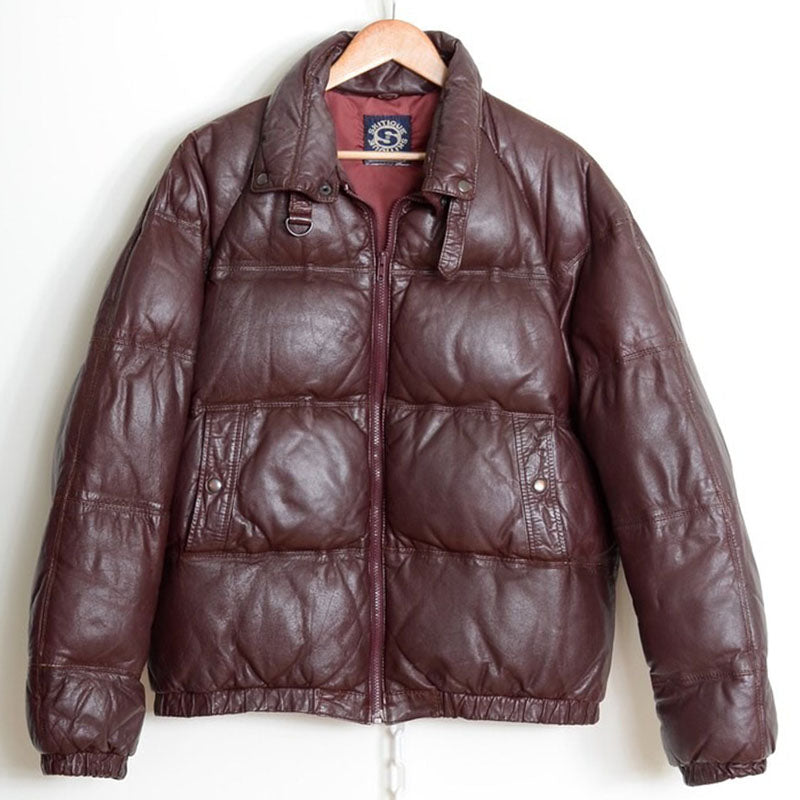 Womens Brown Down Filled Bomber Leather Puffer Jacket - Leather Loom