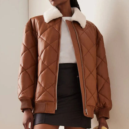 Womens Brown Puffer Leather Bomber Jacket in Fur Collar with Stylish Quilted - Leather Loom