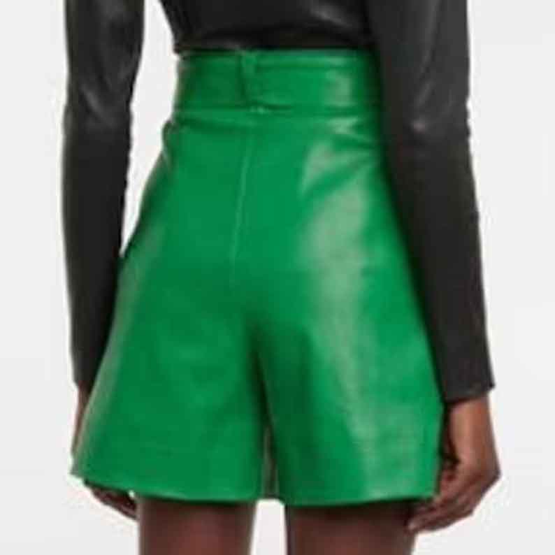 Womens Green Leather Short with Tie Belt - Leather Loom