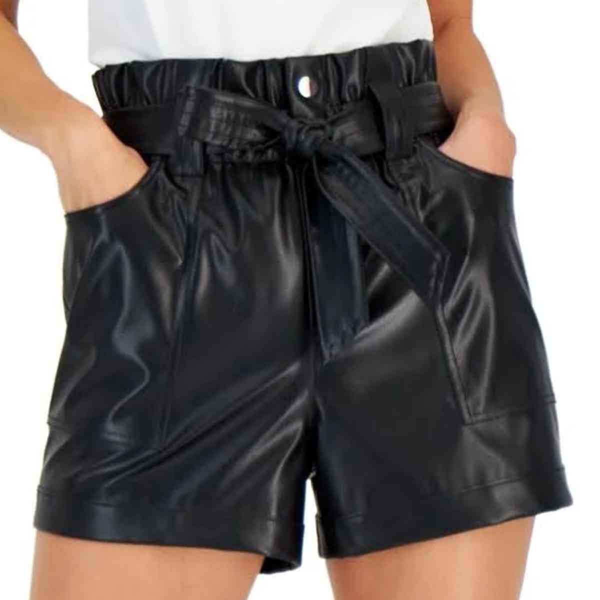 Womens High Waisted Belted Black Leather Shorts - Leather Loom