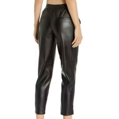 Women Drawstring Black Leather Jogger Pants - Leather Loom