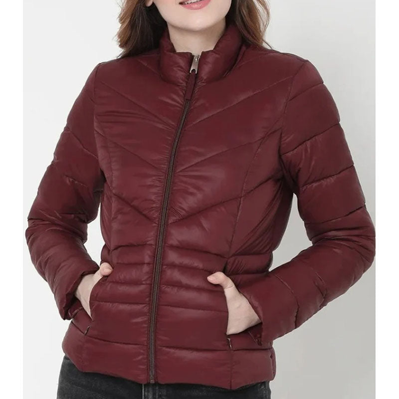 Womens Maroon Puffer Leather Jacket - Leather Loom