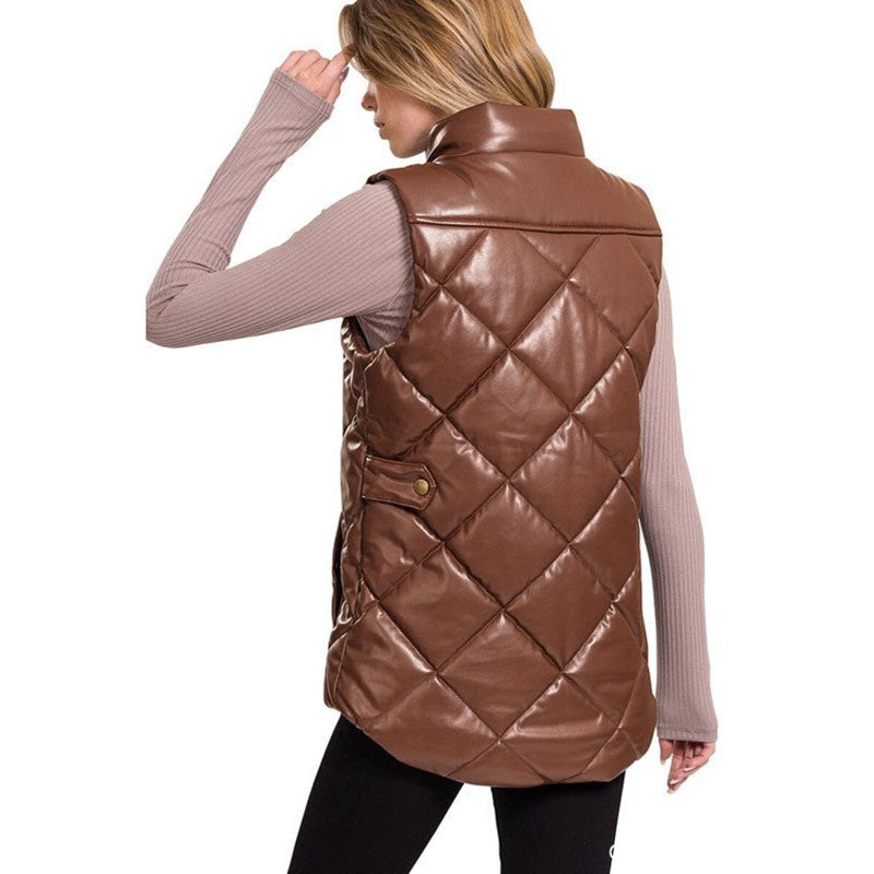 Women Chocolate Leather Puffer Vest - Leather Loom