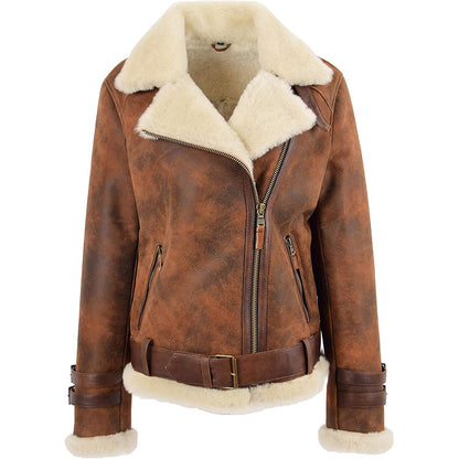 Womens Real Sheepskin Aviator Shearling Pilot Biker Style Jacket Antique Brown - Leather Loom