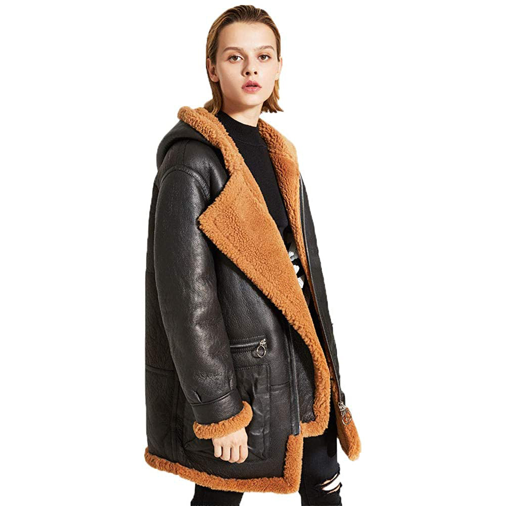 Womens Warm Hooded Sheepskin Shearling Jacket Coat - Leather Loom