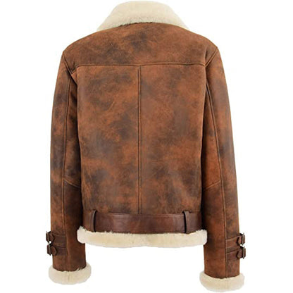 Womens Real Sheepskin Aviator Shearling Pilot Biker Style Jacket Antique Brown - Leather Loom