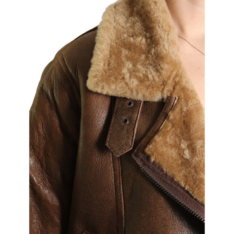 Brown Leather Sheepskin Shearling Jacket Womens - Leather Loom