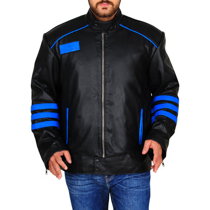 Mens Black & Blue Biker Leather Jacket - Leather Loom