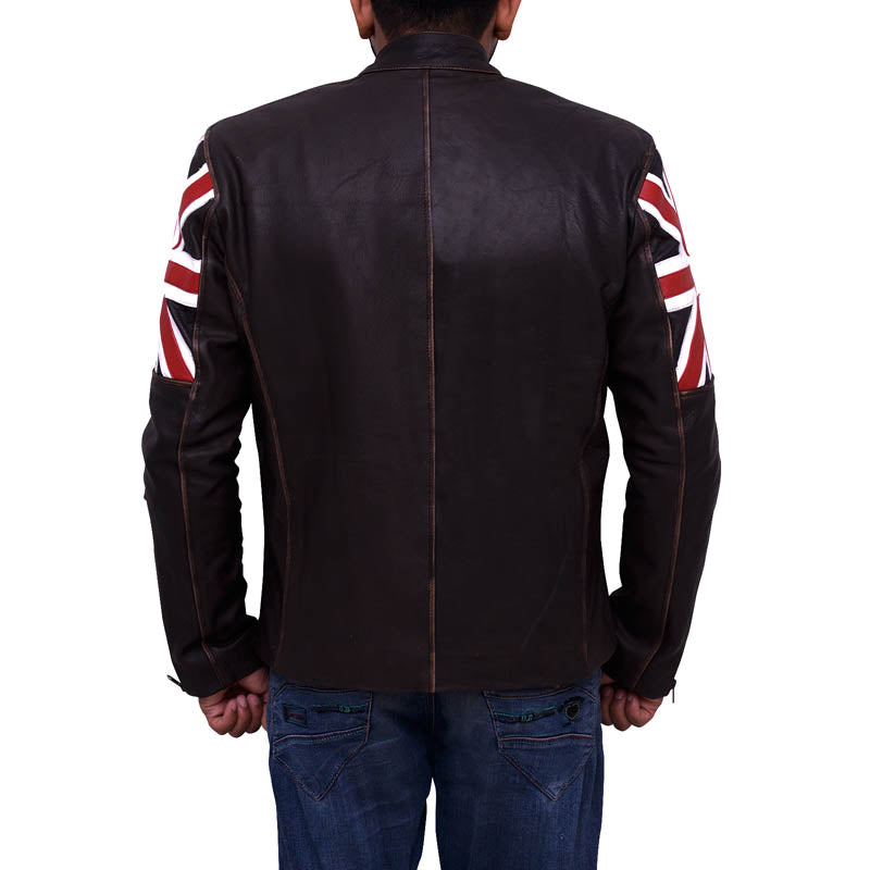 Mens Brown England Flag Biker Leather Jacket - Leather Loom