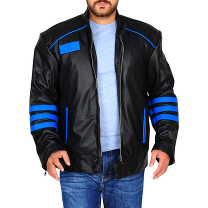 Mens Black & Blue Biker Leather Jacket - Leather Loom