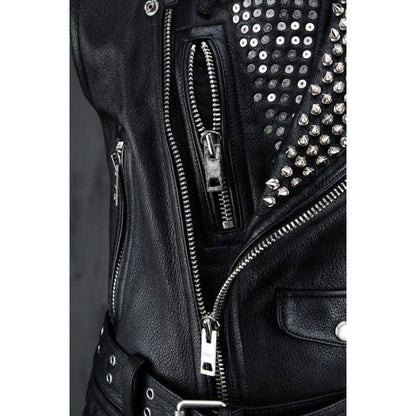 Men's Black Leather Silver Studded Biker Punk Vest - Leather Loom