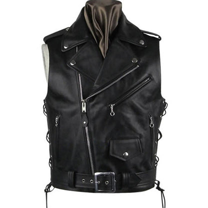 Black Moto Biker Leather Men's Vest - Leather Loom