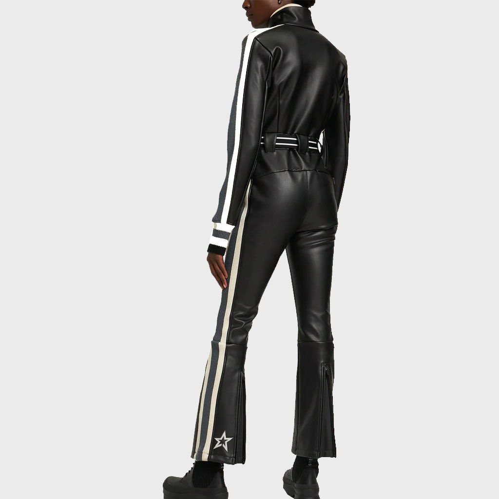 Black Leather Jumpsuit with Contrast Detail Strips - Leather Loom