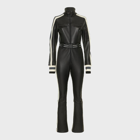 Black Leather Jumpsuit with Contrast Detail Strips - Leather Loom