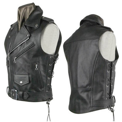 Black Moto Biker Leather Men's Vest - Leather Loom