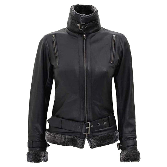 Women's Black Leather Shearling Jacket With Belted Closure - Leather Loom