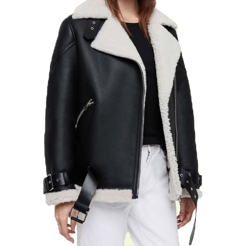 Women's Black Leather Shearling Biker Jacket - Leather Loom