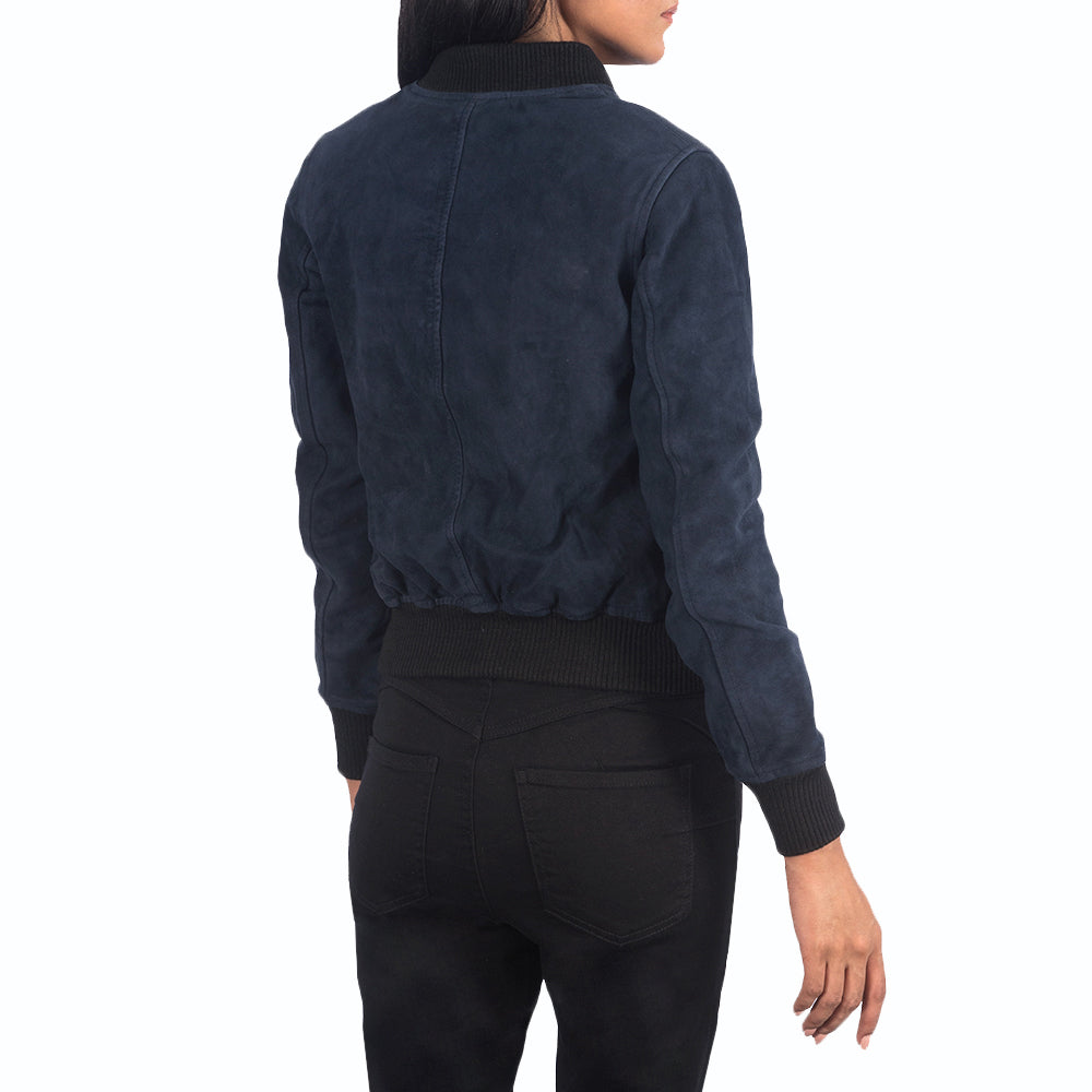 Womens Blue Suede Bomber Jacket - Leather Loom